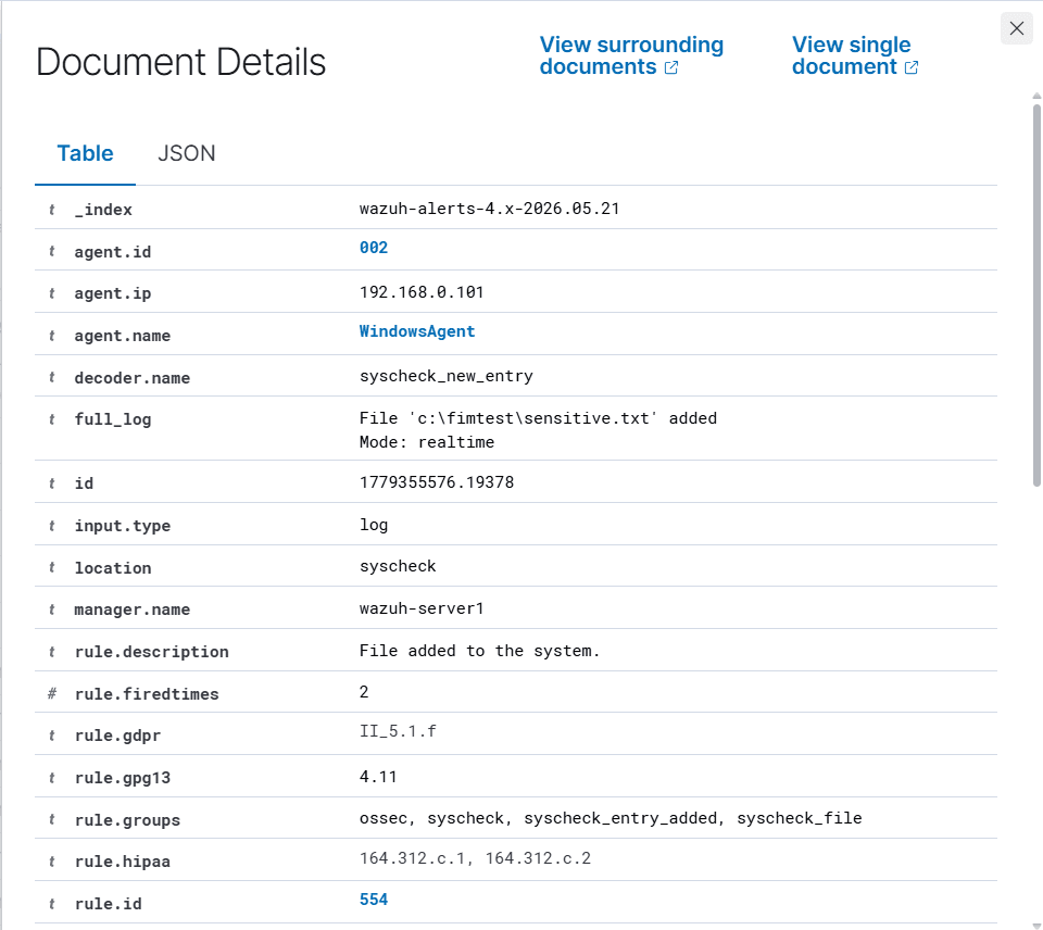 Windows agent — file addition alert in the Wazuh dashboard
