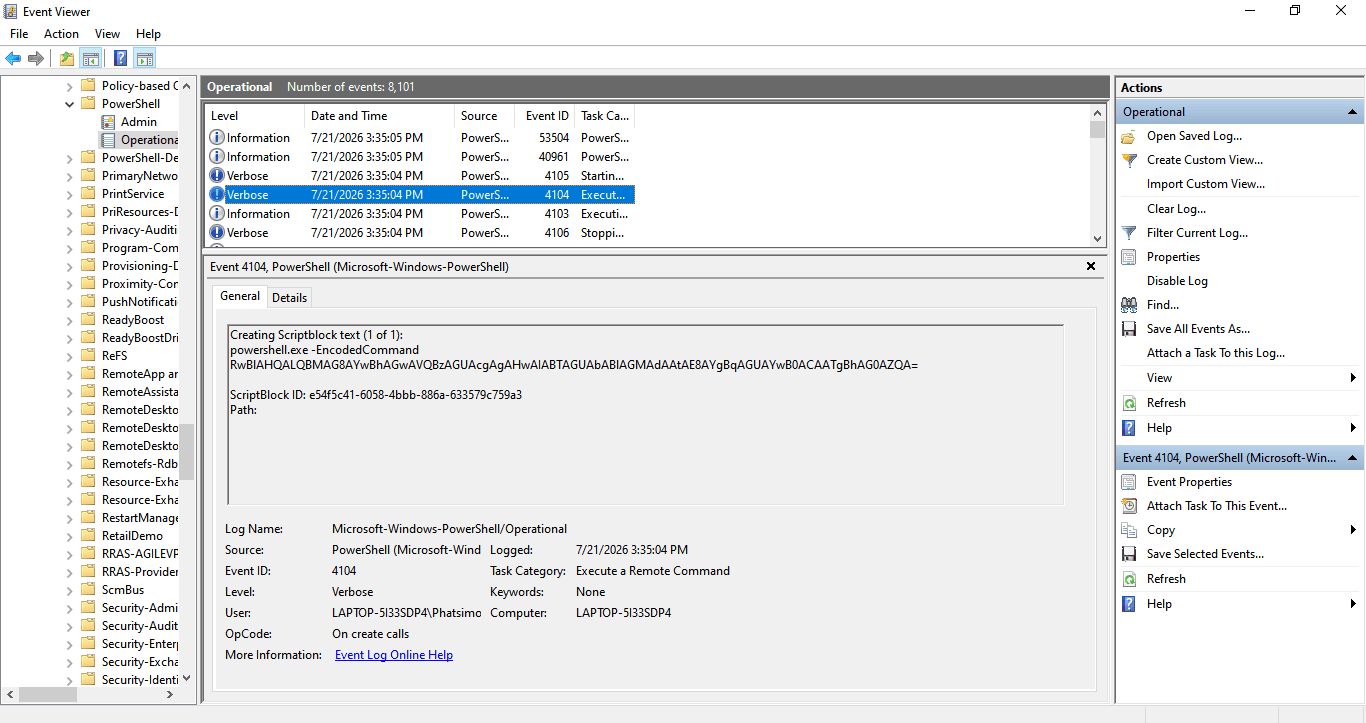 Event Viewer confirmation of the encoded command execution