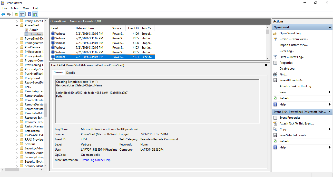 Event Viewer showing the decoded PowerShell command content