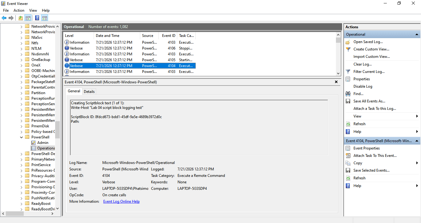 PowerShell Script Block Logging test showing decoded command text
