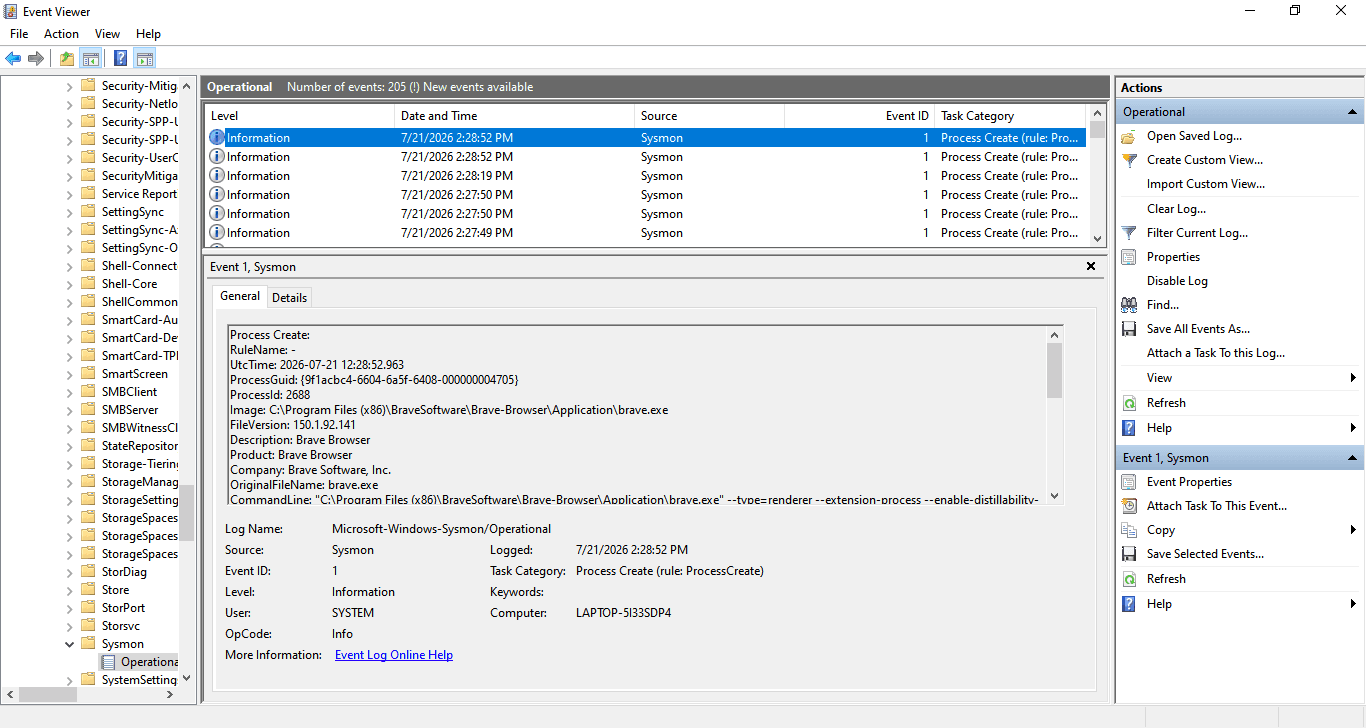 Sysmon events listed in Event Viewer